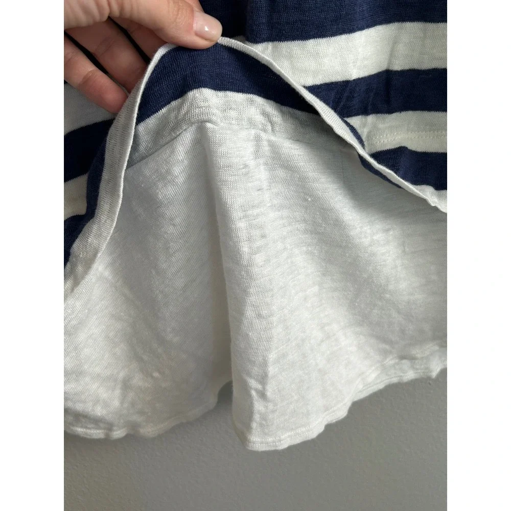 ALC Linen Shift Dress Striped Navy White Sleeveless Coastal Chic quiet luxury
